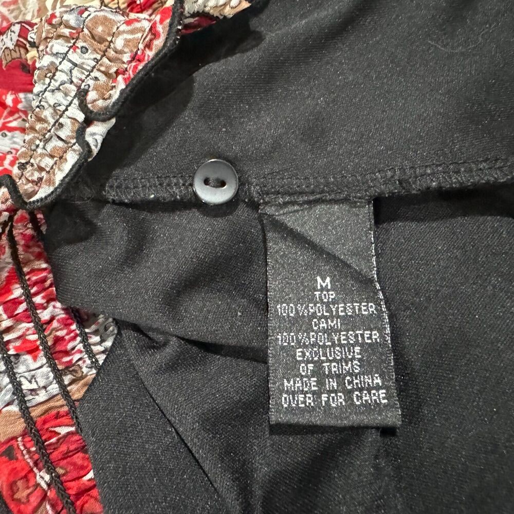 Iz Byer Blouse Sz M Black Multicolor Split Buttoned Neck Short Sleeve with Cami - Picture 7 of 8